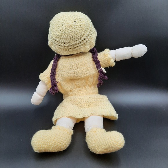 Handmade‎ Crochet Doll Yellow Dress Hat Boots Fabric Face Purple Hair Tassels - Picture 3 of 5